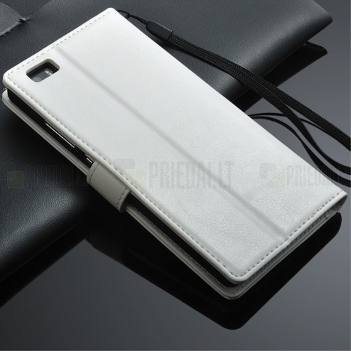 Huawei P8 Lite atverčiamas baltas odinis dėklas - piniginė