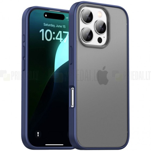 Apple iPhone 16 Pro Max „IPAKY“ Matt silikoninis skaidrus permatomas dėklas su mėlynu rėmeliu