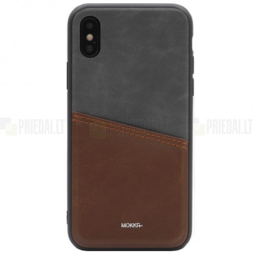 „MOKKA“ Svelte Apple iPhone X (iPhone Xs) rudas, pilkas odinis dėklas - nugarėlė su kišenėle kortelėms