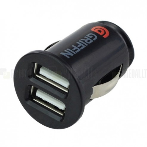 Juodas „Griffin“ automobilinis įkroviklis su dviem USB lizdais