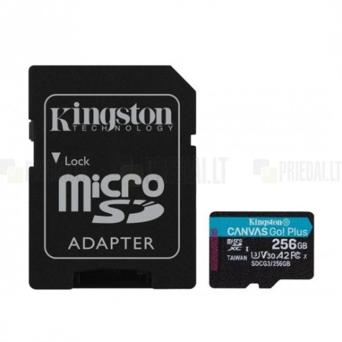 „Kingston“ Canvas Go Plus MicroSD atminties kortelė 256 Gb, 10 Klasė, U3, V30 su SD adapteriu