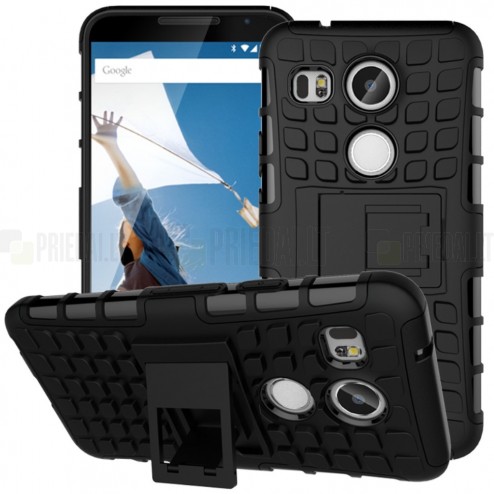 Kickstand sustiprintos apsaugos LG Nexus 5X juodas kieto silikono (TPU) ir plastiko dėklas