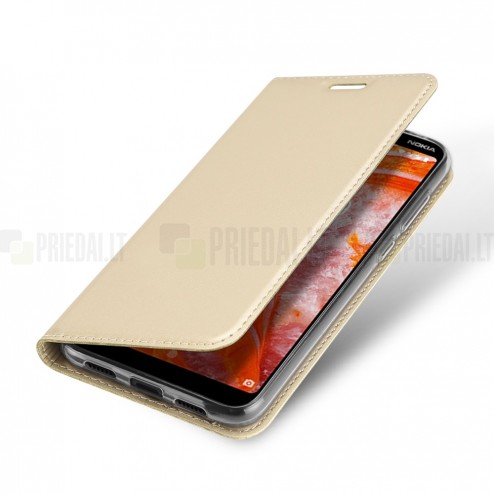 „Dux Ducis“ Skin serijos Nokia 3.1 Plus (2018) auksinis odinis atverčiamas dėklas
