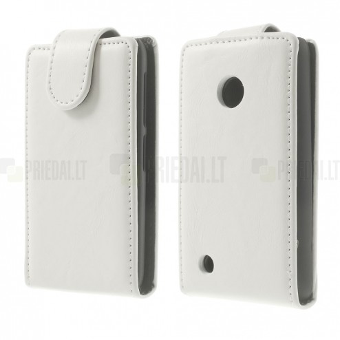 Nokia Lumia 530 klasikinis vertikaliai atverčiamas baltas odinis dėklas