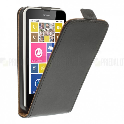 Nokia Lumia 635 klasikinis vertikaliai atverčiamas juodas odinis dėklas