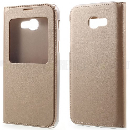 Samsung Galaxy A3 2017 (A320) auksinis odinis atverčiamas dėklas su langeliu
