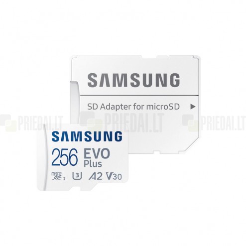 „Samsung“ Evo Plus MicroSD atminties kortelė 256 Gb, 10 Klasė, U3, 4K Ultra HD su SD adapteriu