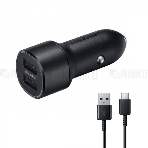 Originalus Samsung Dual Fast Charge EP-L1100 automobilinis įkroviklis juodas +  Type-C laidas