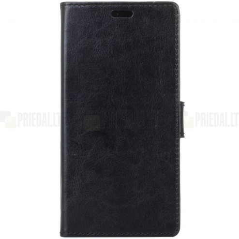 Samsung Galaxy A6+ 2018 atverčiamas juodas odinis dėklas, knygutė - piniginė