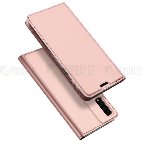 „Dux Ducis“ Skin serijos Samsung Galaxy A7 (2018) rožinis odinis atverčiamas dėkla