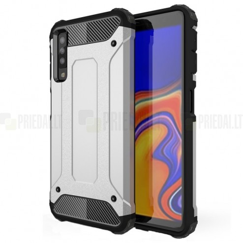 Sustiprintos apsaugos Samsung Galaxy A7 (2018) sidabrinis kieto silikono (TPU) ir plastiko dėklas 