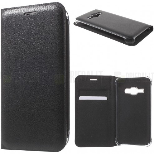 Samsung Galaxy J1 2016 (J120) juodas odinis atverčiamas Smart Wallet dėklas - piniginė
