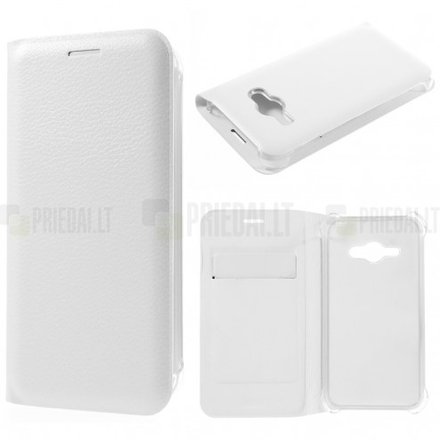 Samsung Galaxy J1 Ace (J110) baltas odinis atverčiamas Smart Wallet dėklas - piniginė
