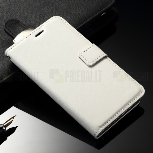 Samsung Galaxy J2 (J200) atverčiamas baltas odinis dėklas - piniginė
