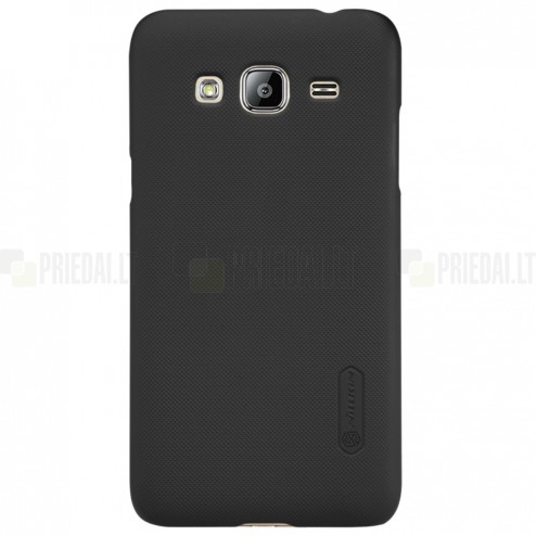 Nillkin Frosted Shield Samsung Galaxy J3 2016 juodas plastikinis dėklas + apsauginė ekrano plėvelė