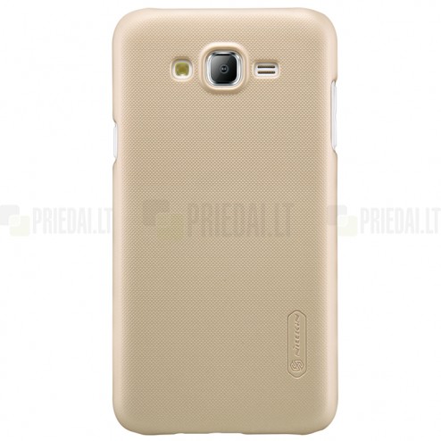 Samsung Galaxy J7 (J700) Nillkin Frosted Shield auksinis plastikinis dėklas + apsauginė ekrano plėvelė