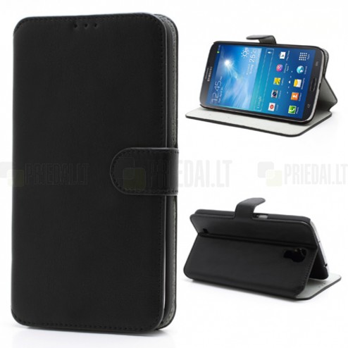Juodas odinis atverčiamas Samsung Galaxy Mega 6.3 dėklas - piniginė
