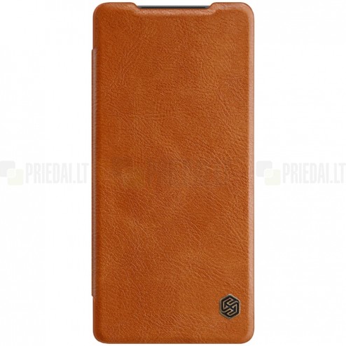 Prabangus „Nillkin“ Qin serijos rudas odinis atverčiamas Samsung Galaxy Note 20 (N980F) dėklas