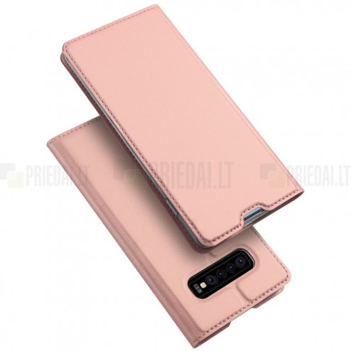 „Dux Ducis“ Skin serijos Samsung Galaxy S10 (G973) rožinis odinis atverčiamas dėkla