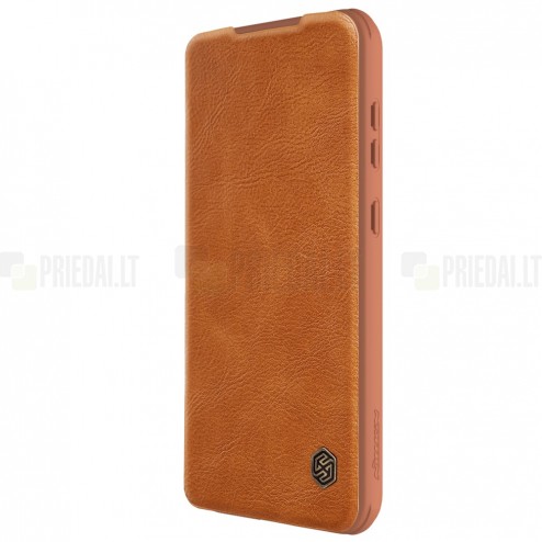 Prabangus „Nillkin“ Qin Pro serijos rudas odinis atverčiamas Samsung Galaxy S23 FE (Fan Edition) dėklas