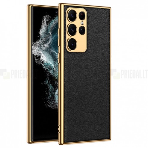 Samsung Galaxy S23 Ultra (SM-S918) GKK Luxury juodas dėklas - nugarėlė apvadai auksinės spalvos