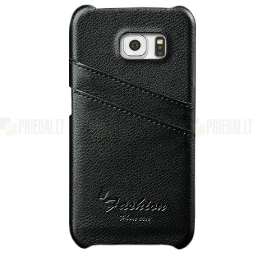 „Vintage“ Samsung Galaxy S6 Edge (G925) juodas odinis dėklas - nugarėlė su kišenėle kortelėms
