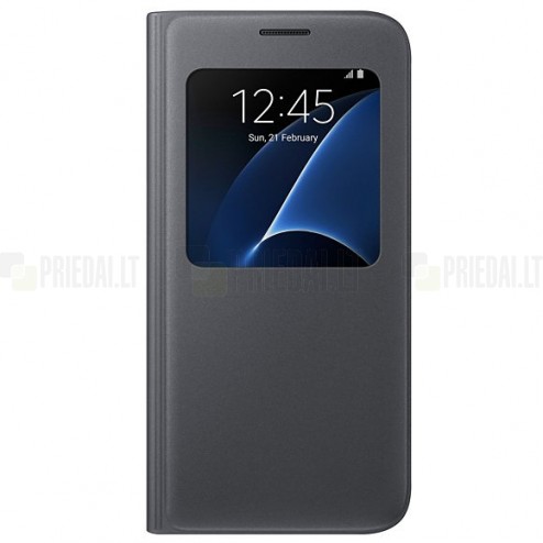 Samsung Galaxy S7 G930 originalus S View Cover atverčiamas juodas dėklas su langeliu