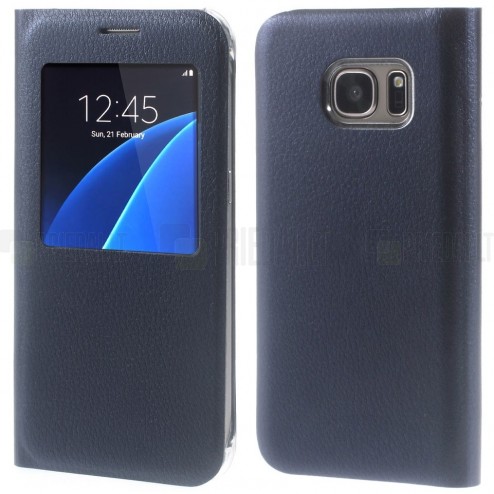 Samsung Galaxy S7 (G930) tamsiai odinis atverčiamas dėklas su langeliu