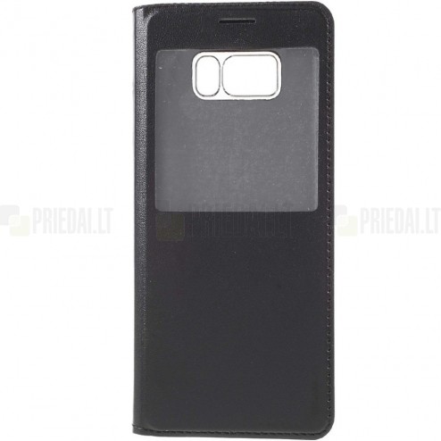 Samsung Galaxy S8 (G950) juodas odinis atverčiamas dėklas su langeliu