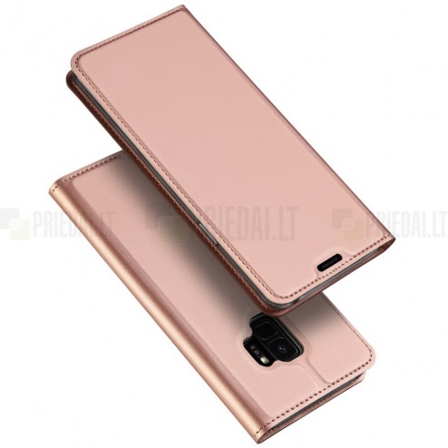 „Dux Ducis“ Skin serijos Samsung Galaxy S9 (G960) rožinis odinis atverčiamas dėkla