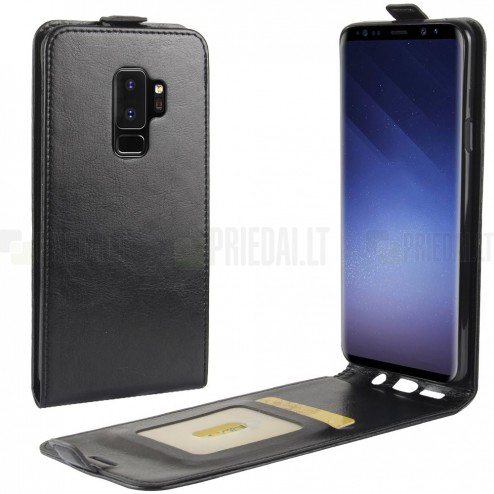 Samsung Galaxy S9+ (G965) klasikinis vertikaliai atverčiamas juodas odinis dėklas