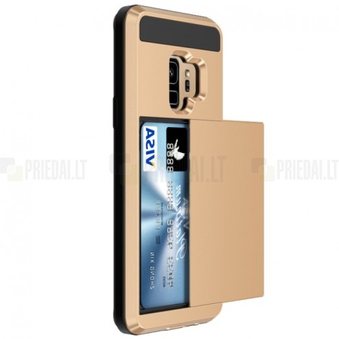 „Sliding“ Card Holder Samsung Galaxy S9 (G960) auksinis kieto silikono dėklas