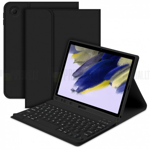 Samsung Galaxy Tab A9+ atverčiamas juodas odinis dėklas su bluetooth belaide klaviatūra