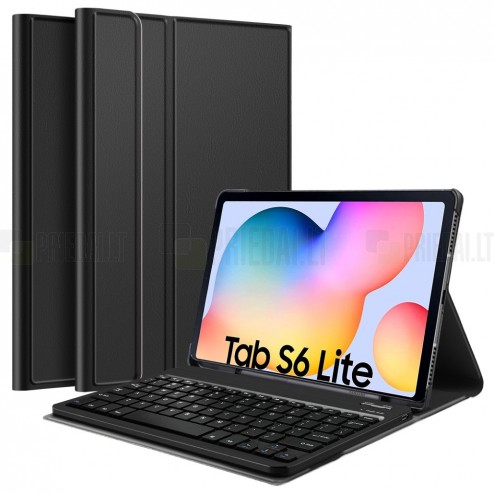 Samsung Galaxy Tab S6 Lite 10.4 (P615, P610, P613, P619) atverčiamas juodas odinis dėklas su bluetooth belaide klaviatūra