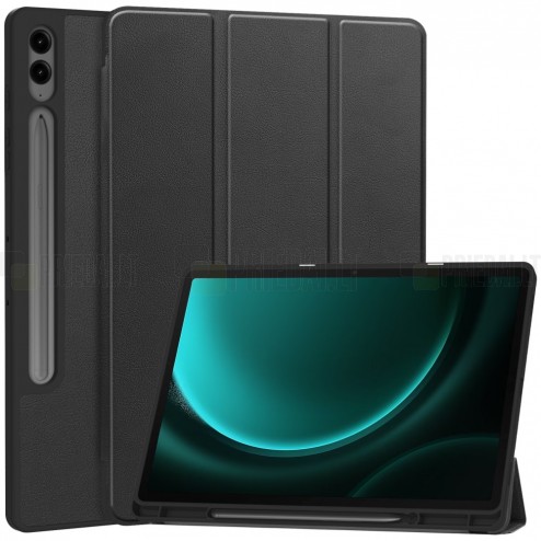 Samsung Galaxy Tab S9 FE+ 12.4" (Galaxy Tab S9+ 12.4") atverčiamas juodas odinis dėklas - knygutė su vieta liestukui