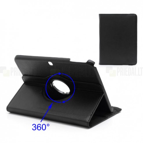 Atverčiamas juodas odinis Samsung Galaxy Tab 3 10.1 P5200 (P5210) dėklas (dėkliukas), sukiojamas 360°