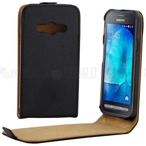 Samsung Galaxy Xcover 3 (G388) klasikinis vertikaliai atverčiamas juodas odinis dėklas