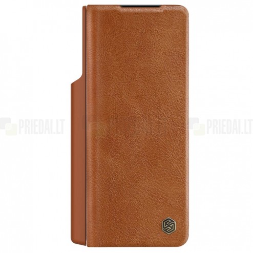 Prabangus „Nillkin“ Qin Pro serijos rudas odinis atverčiamas Samsung Galaxy Z Fold4 5G (F936B) dėklas