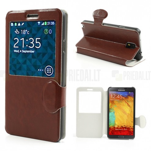 „Crazy Horse“ atverčiamas odinis rudas S View stiliaus Samsung Galaxy Note 3 N9005 dėklas (dėkliukas)