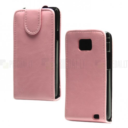 Samsung Galaxy S2 i9100 klasikinis rožinis atverčiamas odinis dėklas (dėkliukas)