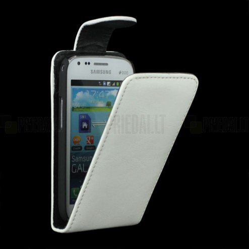 Samsung Galaxy S Duos S7562 klasikinis atverčiamas baltas odinis dėklas (dėkliukas) (Samsung Galaxy S Trend S7560 dėklas)