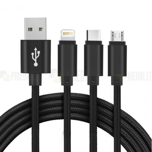 „Setty“ 3-in-1 micro USB + Type-C + Lightning laidas - juodas (1.2 m. / 2A)