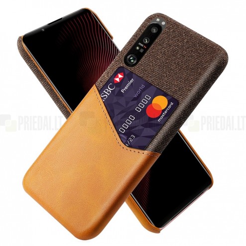 „KSQ“ Shell Sony Xperia 1 III rudas odinis dėklas - nugarėlė su kišenėle kortelėms