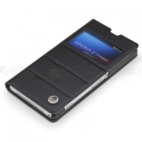 Rock Excel Sony Xperia Z1 Compact juodas atverčiamas odinis s view dėklas