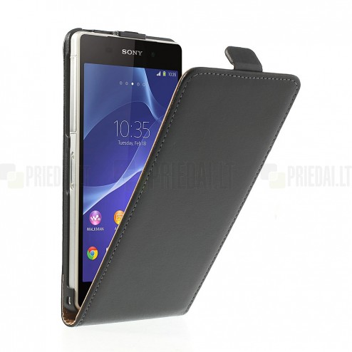 Sony Xperia Z2 klasikinis vertikaliai atverčiamas juodas odinis dėklas