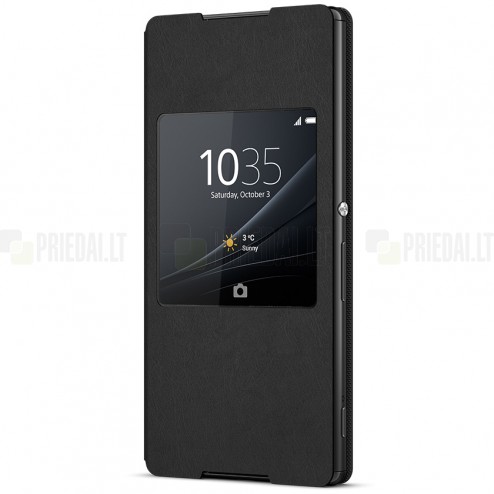 Oficialius Sony Xperia Z3+ Plus Style Cover Window juodas atverčiamas dėklas SCR30