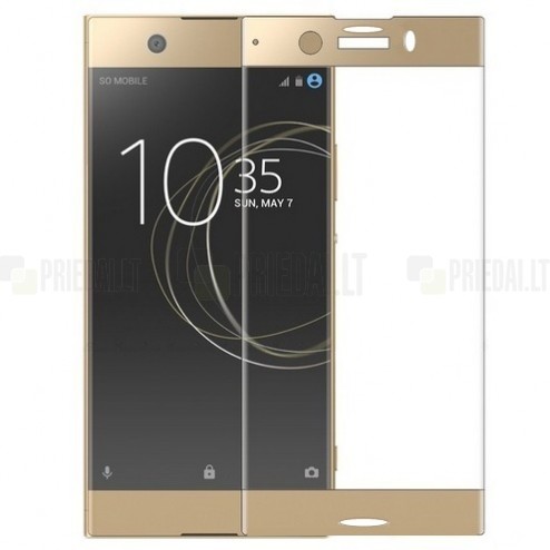 Sony Xperia XZ1 Compact „Calans“ 9H Tempered Glass sustiprintos apsaugos auksinis pilnai dengiantis apsauginis ekrano stiklas 0,2 mm