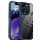 Apple iPhone 15 Pro Max „IPAKY“ Fiber silikoninis skaidrus permatomas dėklas su tamsiai mėlynu rėmeliu