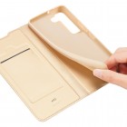 „Dux Ducis“ Skin serijos Samsung Galaxy S22 5G (SM-S901X) auksinis odinis atverčiamas dėklas