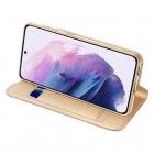 „Dux Ducis“ Skin serijos Samsung Galaxy S22 5G (SM-S901X) auksinis odinis atverčiamas dėklas